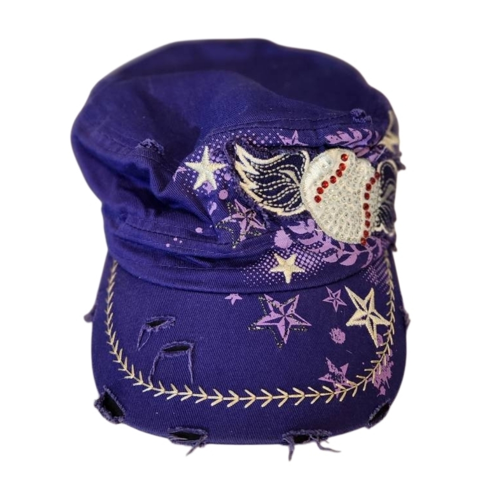 Distressed Purple Embroidered Softball Cap with Wings‎ and Stars